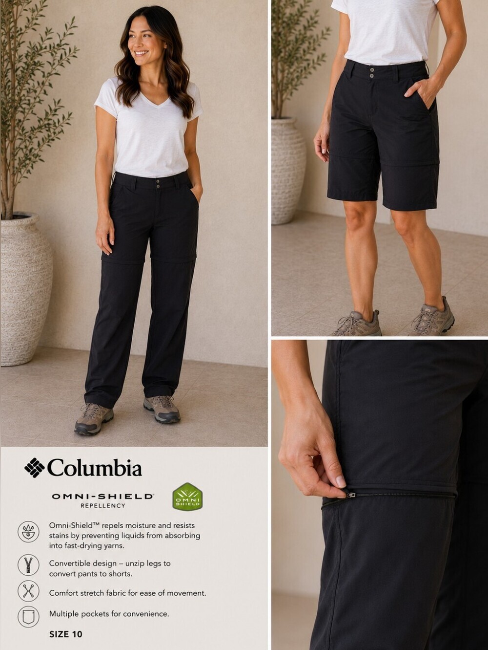 Columbia Omni-Shield Convertible Hiking Pants Womens Size 10 Black Zip Off Short